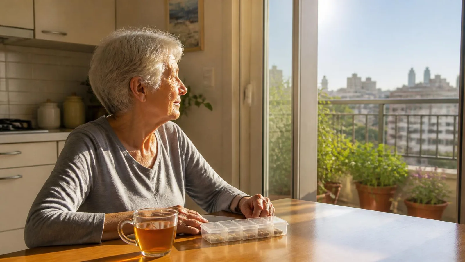 אישה מבוגרת יושבת בבוקר במטבח, כוס תה ומארגן תרופות שבועי על השולחן, מבטה למרפסת — ואבן אצל הורים מבוגרים